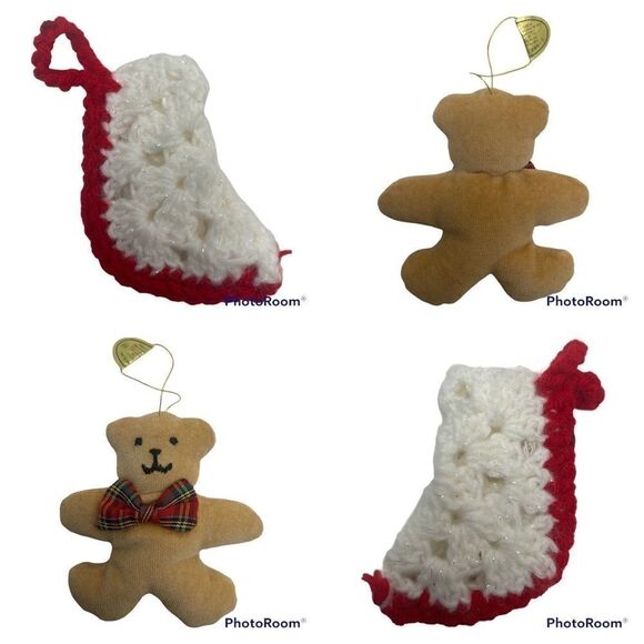 Vintage Christmas Tree Ornaments- Teddy Bear & Hand Made Stocking - Picture 1 of 8
